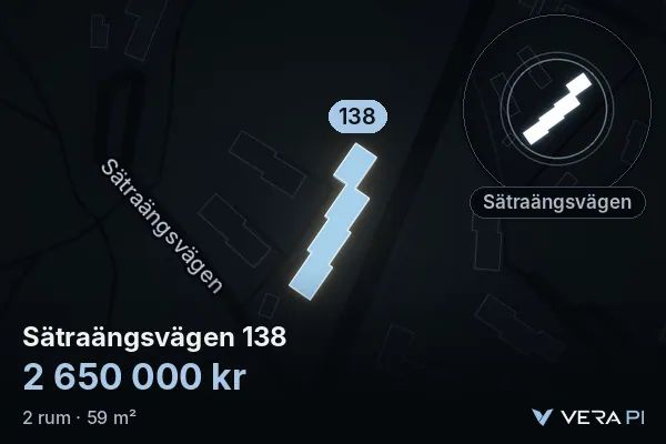 VERA PI's image of Sätraängsvägen 138: the building in 3D, lit in blue, and the map around it