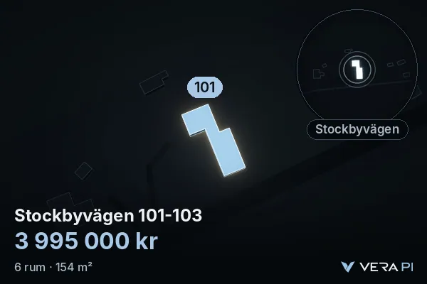 VERA PI's image of Stockbyvägen 101-103: the building in 3D, lit in blue, and the map around it