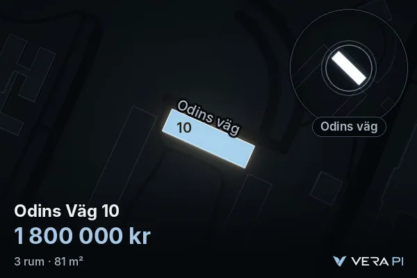 VERA PI:s bild av Odins Väg 10: huset i 3D, upplyst i blått, och kartan runt omkring
