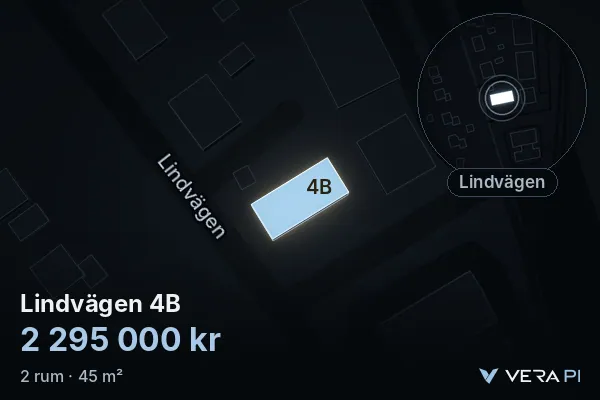 VERA PI's image of Lindvägen 4B: the building in 3D, lit in blue, and the map around it