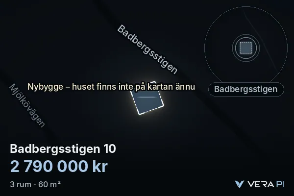 VERA PI:s bild av Badbergsstigen 10: huset i 3D, upplyst i blått, och kartan runt omkring