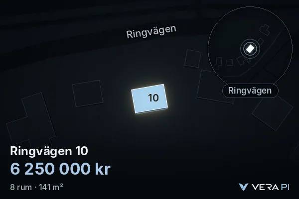 VERA PI's image of Ringvägen 10: the building in 3D, lit in blue, and the map around it