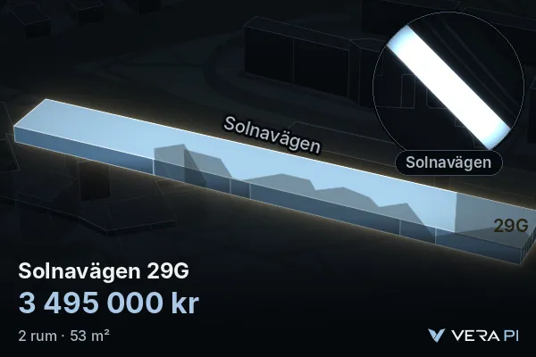 VERA PI:s bild av Solnavägen 29G: huset i 3D, upplyst i blått, och kartan runt omkring
