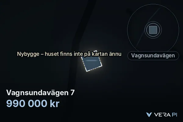 VERA PI's image of Vagnsundavägen 7: the building in 3D, lit in blue, and the map around it