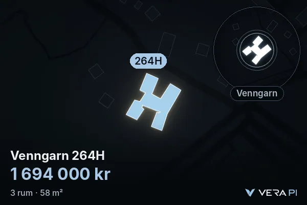 VERA PI's image of Venngarn 264H: the building in 3D, lit in blue, and the map around it