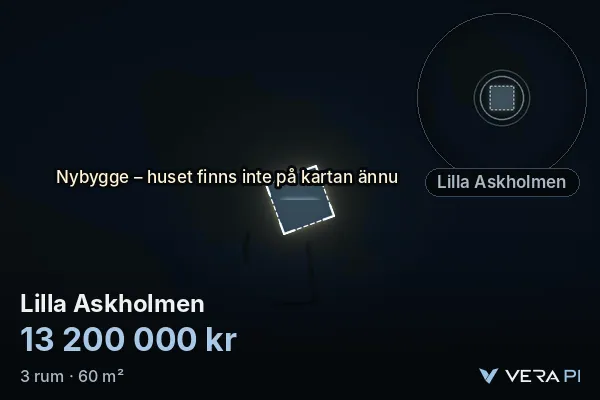 VERA PI's image of Lilla Askholmen: the building in 3D, lit in blue, and the map around it