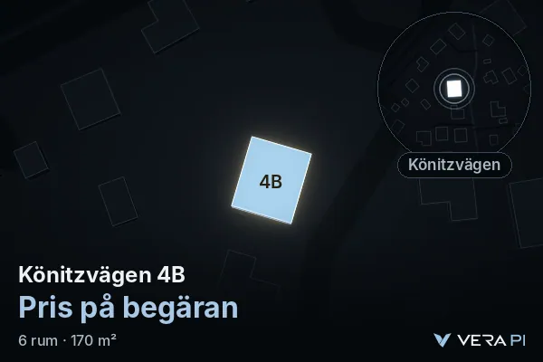VERA PI:s bild av Könitzvägen 4B: huset i 3D, upplyst i blått, och kartan runt omkring