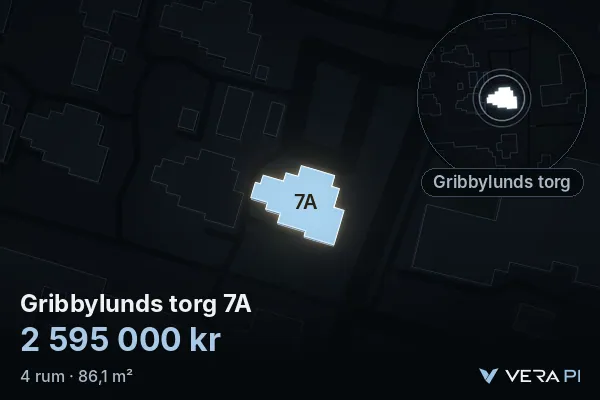 VERA PI:s bild av Gribbylunds torg 7A: huset i 3D, upplyst i blått, och kartan runt omkring