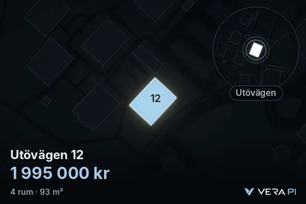 VERA PI:s bild av Utövägen 12: huset i 3D, upplyst i blått, och kartan runt omkring