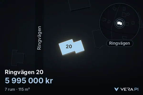VERA PI:s bild av Ringvägen 20: huset i 3D, upplyst i blått, och kartan runt omkring