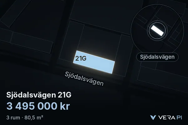 VERA PI:s bild av Sjödalsvägen 21G: huset i 3D, upplyst i blått, och kartan runt omkring
