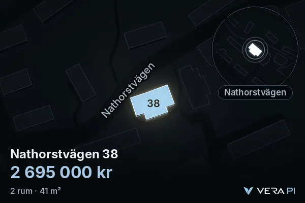 VERA PI:s bild av Nathorstvägen 38: huset i 3D, upplyst i blått, och kartan runt omkring