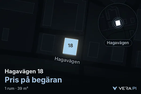 VERA PI:s bild av Hagavägen 18: huset i 3D, upplyst i blått, och kartan runt omkring