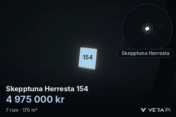 VERA PI:s bild av Skepptuna Herresta 154: huset i 3D, upplyst i blått, och kartan runt omkring