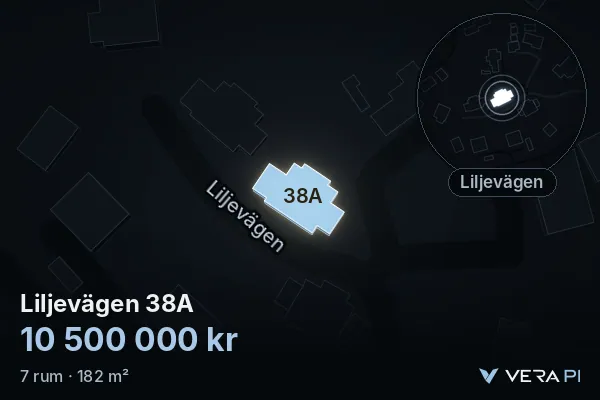 VERA PI:s bild av Liljevägen 38A: huset i 3D, upplyst i blått, och kartan runt omkring