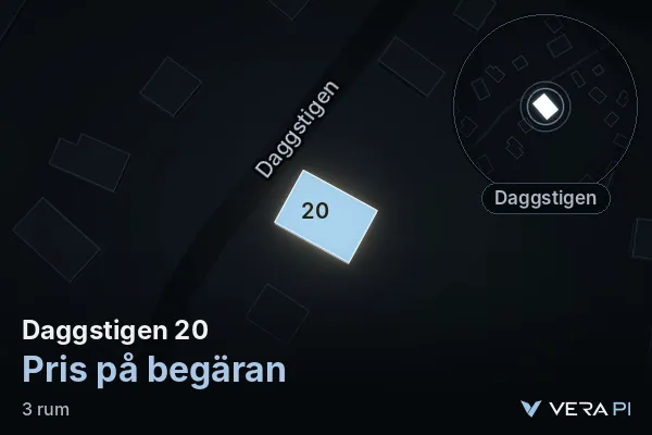 VERA PI:s bild av Daggstigen 20: huset i 3D, upplyst i blått, och kartan runt omkring