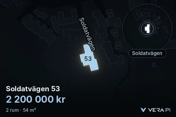 VERA PI's image of Soldatvägen 53: the building in 3D, lit in blue, and the map around it
