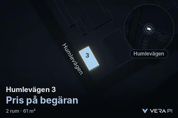 VERA PI:s bild av Humlevägen 3: huset i 3D, upplyst i blått, och kartan runt omkring