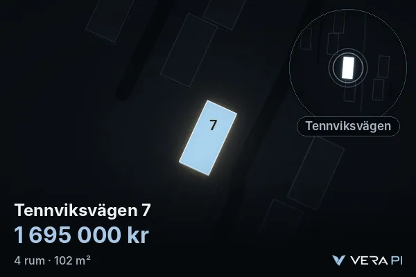 VERA PI's image of Tennviksvägen 7: the building in 3D, lit in blue, and the map around it