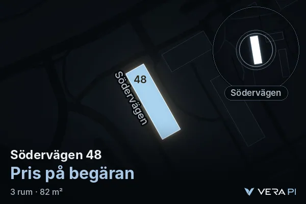 VERA PI's image of Södervägen 48: the building in 3D, lit in blue, and the map around it