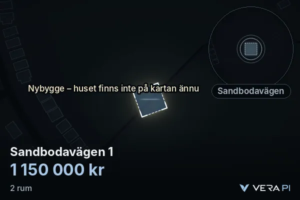 VERA PI:s bild av Sandbodavägen 1: huset i 3D, upplyst i blått, och kartan runt omkring