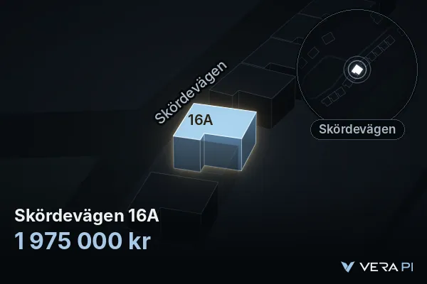 VERA PI's image of Skördevägen 16A: the building in 3D, lit in blue, and the map around it
