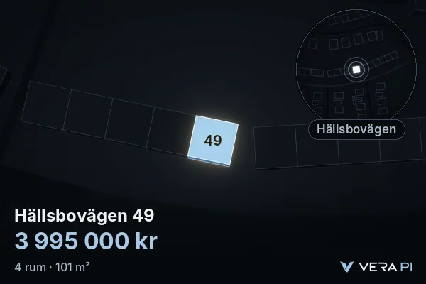 VERA PI's image of Hällsbovägen 49: the building in 3D, lit in blue, and the map around it