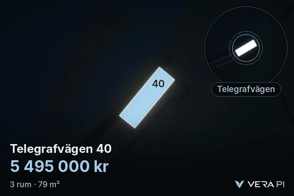 VERA PI:s bild av Telegrafvägen 40: huset i 3D, upplyst i blått, och kartan runt omkring
