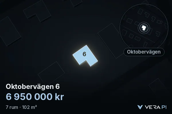 VERA PI's image of Oktobervägen 6: the building in 3D, lit in blue, and the map around it