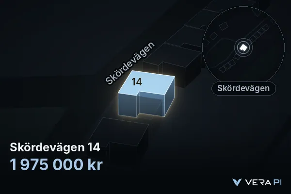 VERA PI:s bild av Skördevägen 14: huset i 3D, upplyst i blått, och kartan runt omkring