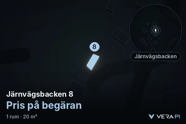 VERA PI:s bild av Järnvägsbacken 8: huset i 3D, upplyst i blått, och kartan runt omkring