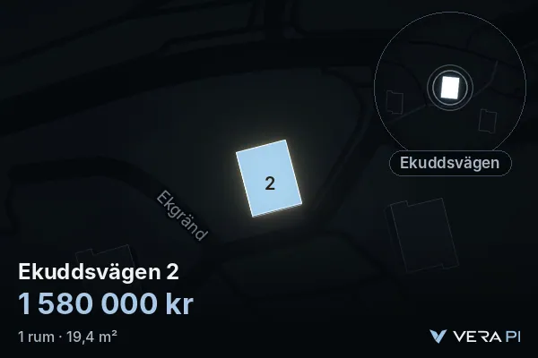 VERA PI:s bild av Ekuddsvägen 2: huset i 3D, upplyst i blått, och kartan runt omkring