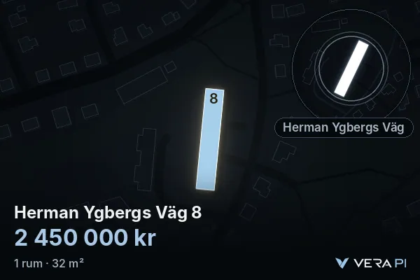 VERA PI's image of Herman Ygbergs Väg 8: the building in 3D, lit in blue, and the map around it