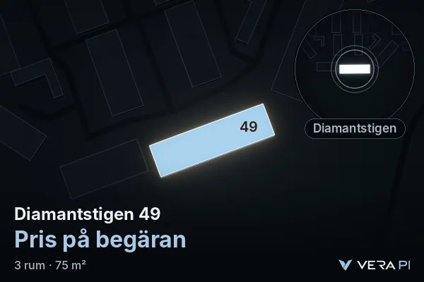 VERA PI:s bild av Diamantstigen 49: huset i 3D, upplyst i blått, och kartan runt omkring