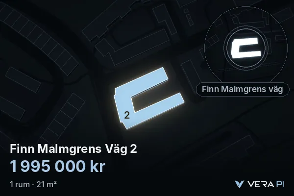 VERA PI:s bild av Finn Malmgrens Väg 2: huset i 3D, upplyst i blått, och kartan runt omkring