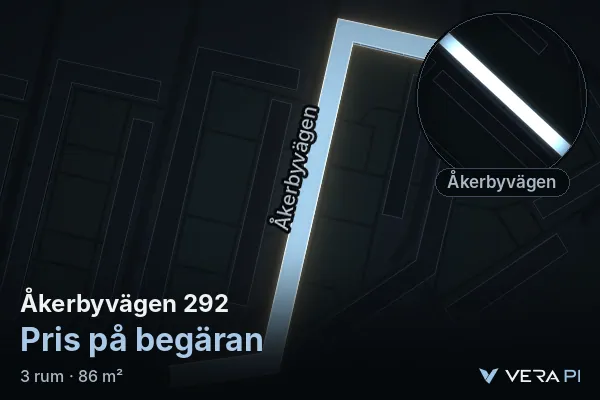 VERA PI's image of Åkerbyvägen 292: the building in 3D, lit in blue, and the map around it