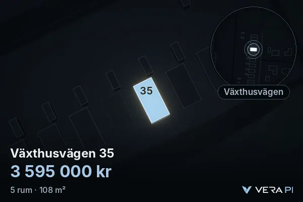 VERA PI:s bild av Växthusvägen 35: huset i 3D, upplyst i blått, och kartan runt omkring
