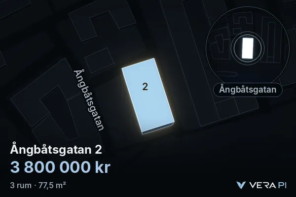 VERA PI:s bild av Ångbåtsgatan 2: huset i 3D, upplyst i blått, och kartan runt omkring
