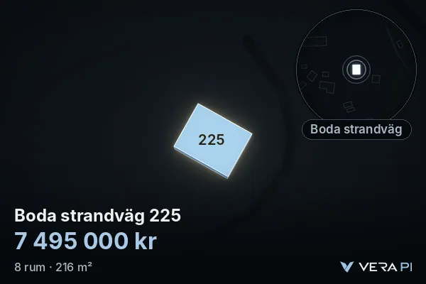 VERA PI's image of Boda strandväg 225: the building in 3D, lit in blue, and the map around it