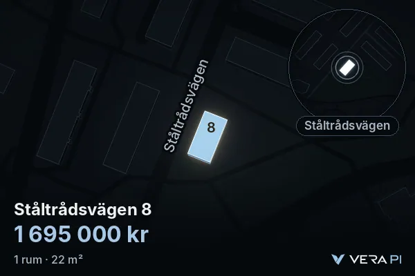 VERA PI:s bild av Ståltrådsvägen 8: huset i 3D, upplyst i blått, och kartan runt omkring