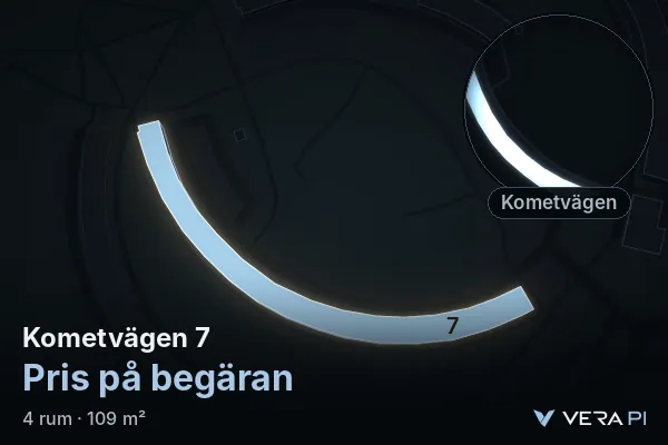 VERA PI's image of Kometvägen 7: the building in 3D, lit in blue, and the map around it