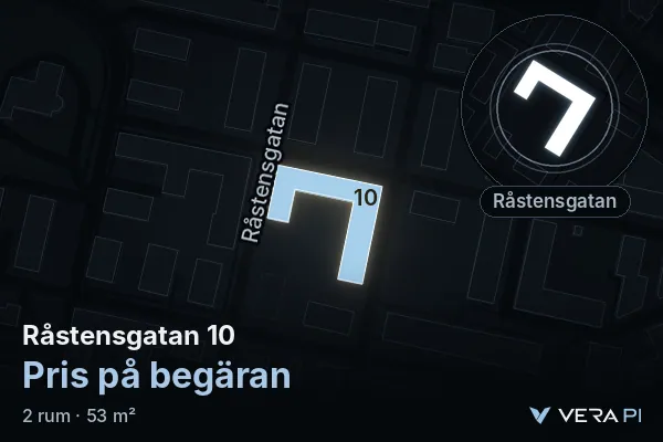 VERA PI:s bild av Råstensgatan 10: huset i 3D, upplyst i blått, och kartan runt omkring