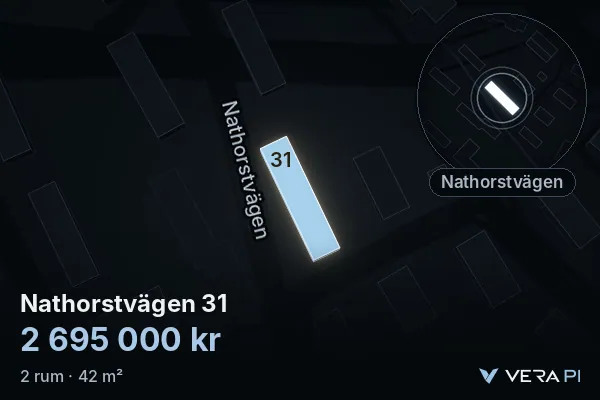 VERA PI:s bild av Nathorstvägen 31: huset i 3D, upplyst i blått, och kartan runt omkring