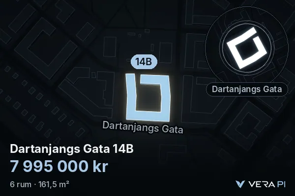 VERA PI:s bild av Dartanjangs Gata 14B: huset i 3D, upplyst i blått, och kartan runt omkring