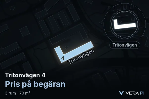 VERA PI:s bild av Tritonvägen 4: huset i 3D, upplyst i blått, och kartan runt omkring