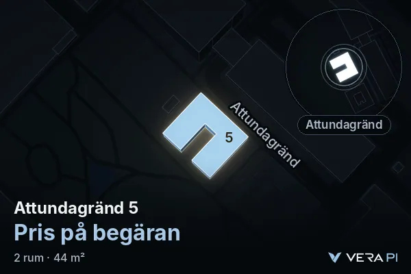 VERA PI's image of Attundagränd 5: the building in 3D, lit in blue, and the map around it
