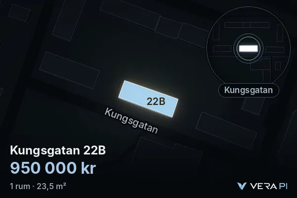 VERA PI's image of Kungsgatan 22B: the building in 3D, lit in blue, and the map around it
