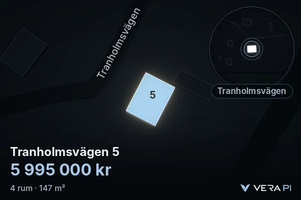 VERA PI's image of Tranholmsvägen 5: the building in 3D, lit in blue, and the map around it