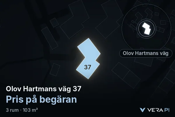 VERA PI's image of Olov Hartmans väg 37: the building in 3D, lit in blue, and the map around it