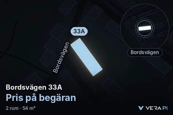 VERA PI's image of Bordsvägen 33A: the building in 3D, lit in blue, and the map around it